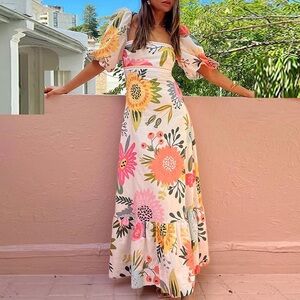 Camille Potpourri Colorful Floral Puff Sleeve Dress with Square Neckline